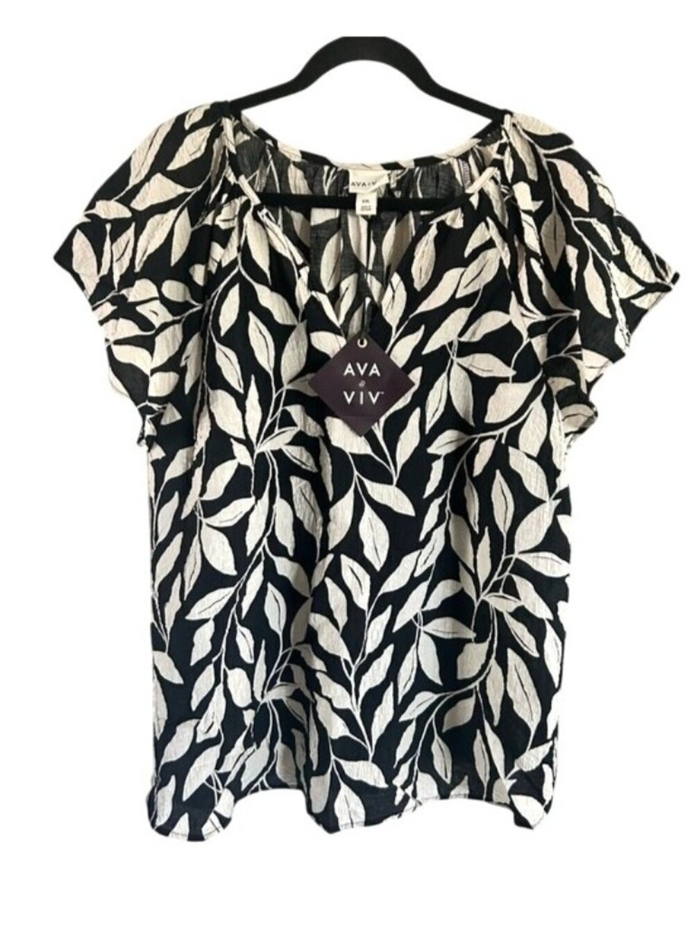 Ava & Viv Black White Leaf-Print Short Sleeve Blouse Top NWT XXL